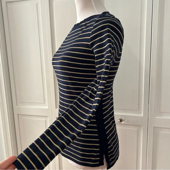 Lauren Ralph Lauren Navy and Gold Striped Long Sleeve Top PM - Picture 5 of 14